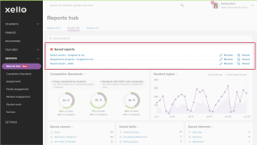 Educator account in Xello. The Reports hub is open and the Saved reports section is highlighted with 3 saved reports.